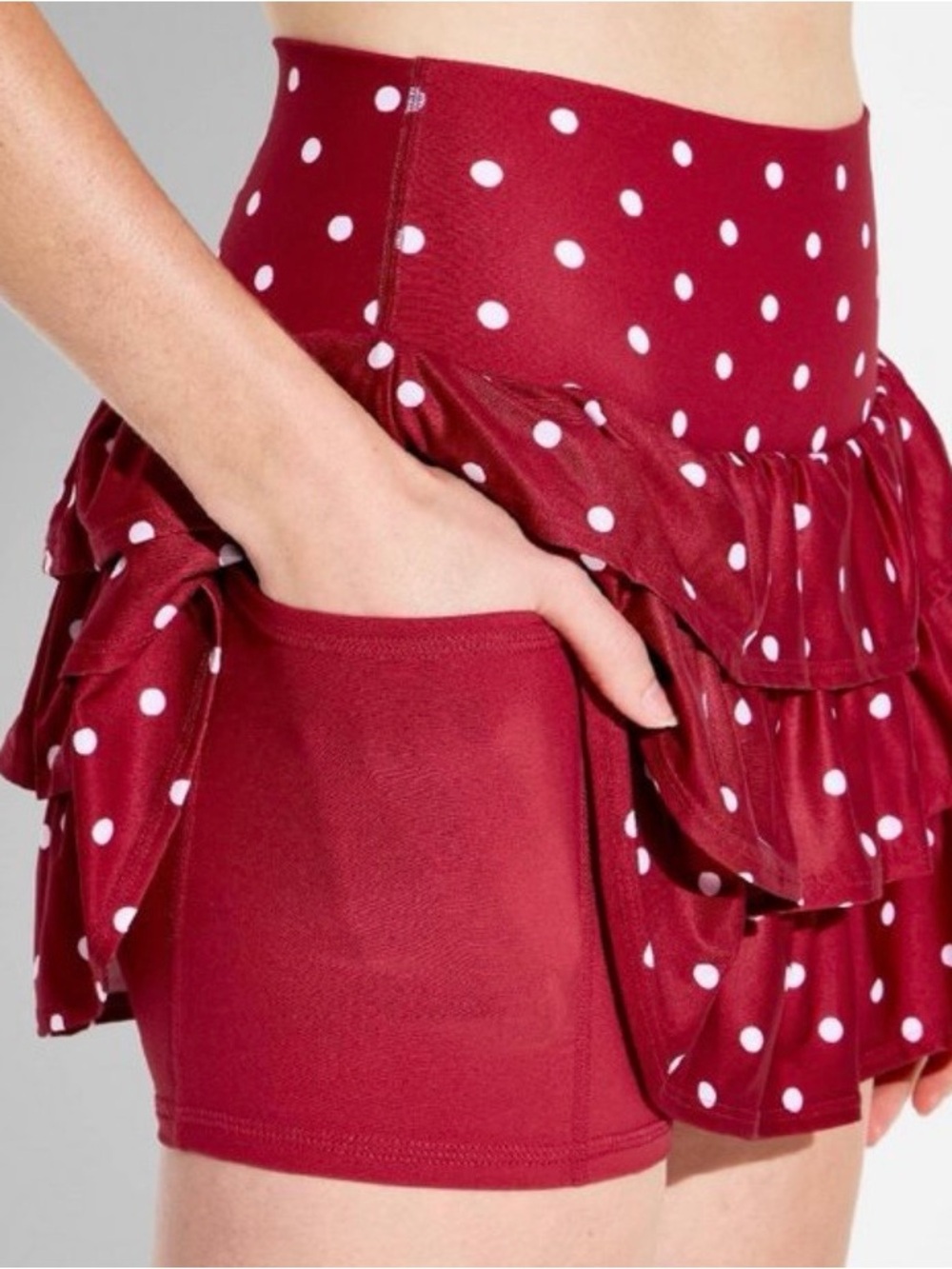 JoyLab Wine Red Polka Dot Tiered Ruffle Mini Skort - Picture 3 of 9
